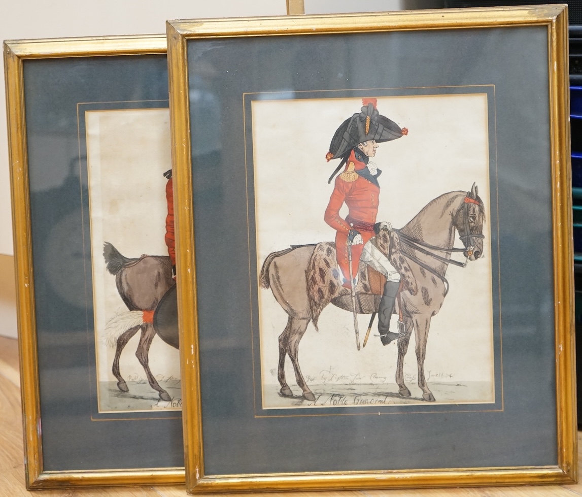 Richard Dighton (1795-1880), two early 19th century military coloured engravings published Charing Cross; ‘A Noble General’ and ‘A Noble Aid de Camp’, two early 19th century military coloured engravings, 29 x 23cm